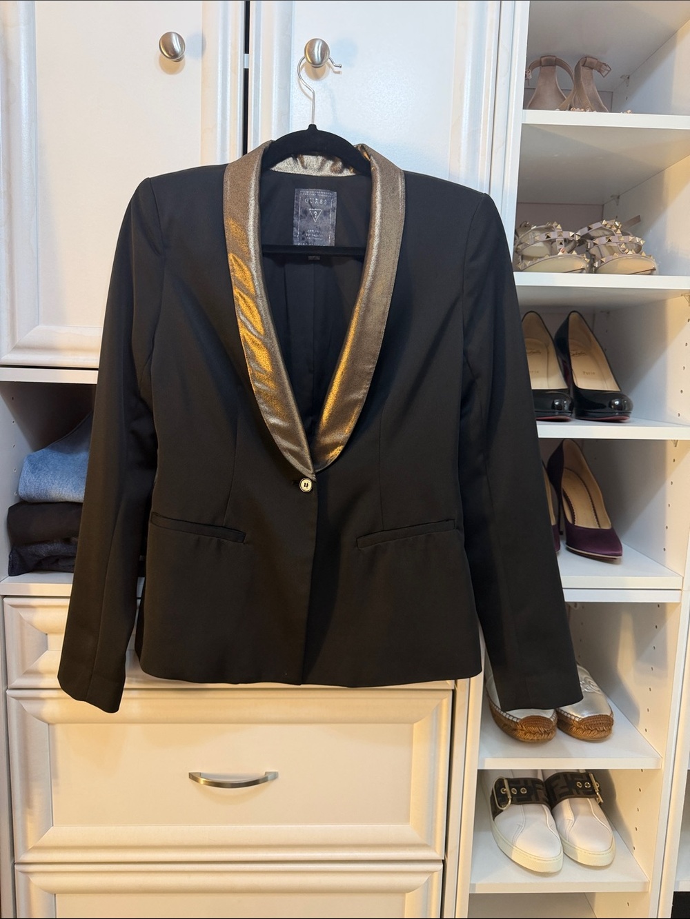 Guess Black Blazer with Metallic Gold Shawl Collar